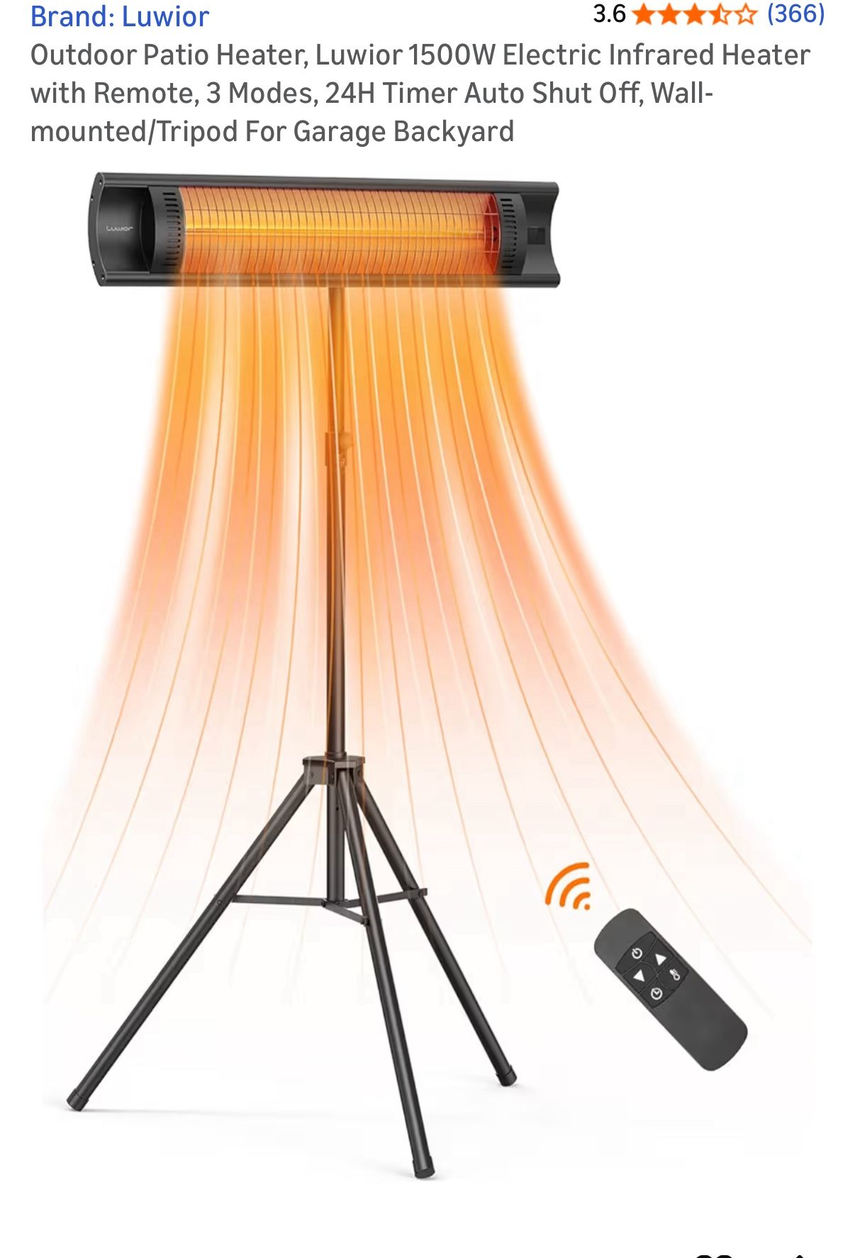 Outdoor Patio Heater, Luwior 1500W Electric Infrared Heater with Remote, 3 Modes, 24H Timer Auto Shut Off, Wall-mounted/Tripod For Garage Backyard