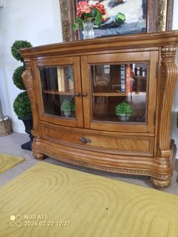 Beautiful  Ornate Well Kept Wood Cabinet With A Large Working Drawer Looks New 47" Wx 38"Hx 19"D