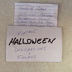 Variety of vintage Halloween and Christmas decorations, figurines, village pieces, village set, Lionell trains, (new in box has trucks many years)