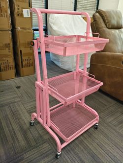 pink color 3 Tier Rolling Cart with Removable Baskets 90-180° Adjustable Metal Utility Cart with Wheels Foldable Rolling Storage Cart Organizer for La