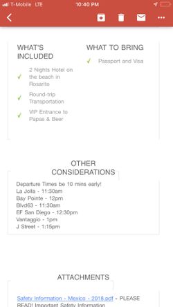 Spring break ticket!! Transportation, concert, vip passes, papas and beer, and quad stay At the rosarito hotel!!