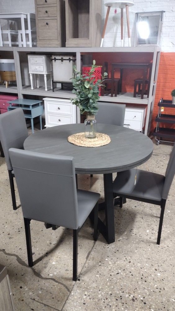 Gray Round Dining Set With 4 High Back Chairs