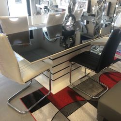 New Black Glass Table Top/white and Black Glossy Base71x36x30”H Table And 4 Chairs 