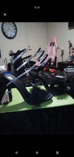 Black High Heel Sandal With Rhinestone Wrap And Feather Detail