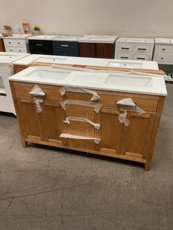 PRESIDENTS DAY SALE - 60" Brown Solid Wood Bathroom Vanity with Marble Top (P)