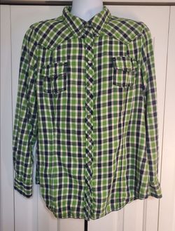 Old Navy Women's XXL Western Flannel Shirt Green Plaid L/S Pearl Snap Size XXL