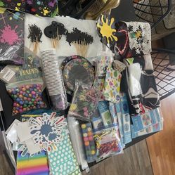 Two Large Fabric Paintball Backdrop & Cake/cupcakes toppers & lots of other Party Decorations 