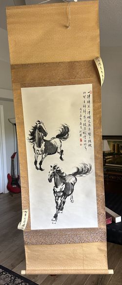 Chinese Scroll with Horse Painting and Calligraphy for Sale (70 Inches)