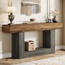 63" Farmhouse Console Table, 2-Tier Narrow Entryway Table with U-Base, Vintage Brown