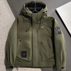 Arcteryx Army Green Hooded Drawstring Down Jacket