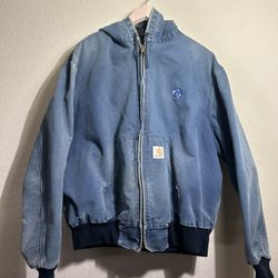 VTG 90’S CARHARTT BLUE DENIM BLACK LINED ZIP UP HEAVYWEIGHT JACKET SIZE XL