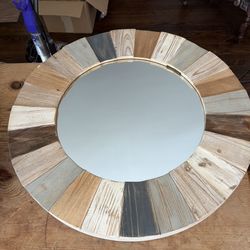 Rustic Coastal Round Mirror 27in, Wood Frame, OBO