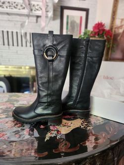 See By CHLOE Knee High Black Leather Boots With Gold Hardware
