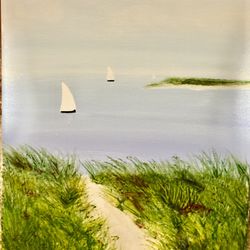 Sails By The Beach With Flowers Original Acrylic Painting