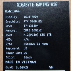 GIGABYTE GAMING A16 16" Black Steel Intel i7-13620H 1TB 32GB DDR5 RAM Nvidia RTX 5060