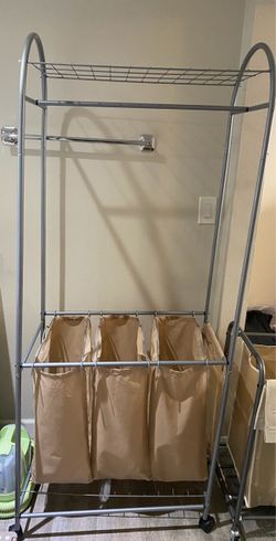 Rolling 3-bag laundry hamper with hanging rack