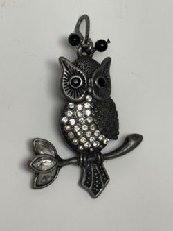 Vintage Antiqued Silver Rhinestone Owl on Branch Large Charm Pendant