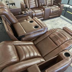 Backtrack Real Leather Power Reclining Living Room Set Sofa And Loveseat 