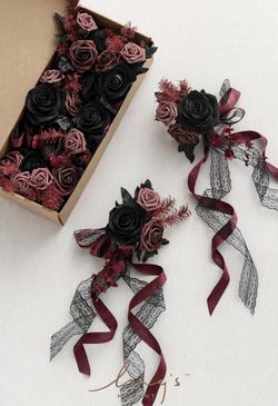 Ling's Moment 8 Wedding Artificial Aisle Pew Flowers Chair Decorations Arrangements with Chiffon Ribbons Black Burgundy for Ceremony Chair Back Floral