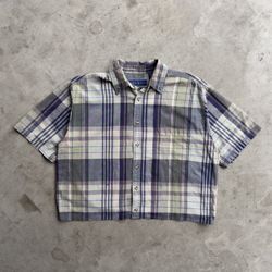 Vintage Cropped Plaid Button Down Shirt - M