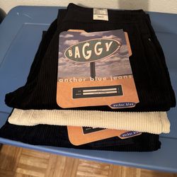 Anchor Blue Baggy Corduroy Pants New w Tags Black Cream Navy 36x32