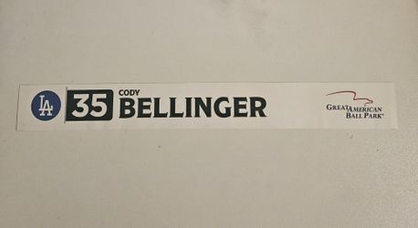 Cody Bellinger locker room name plate from Great American Ballpark $100