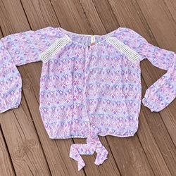 No Boundaries Pink Purple Geometric Semi Sheer Blouse Tie Waist Embroidered Detail Size XXL/19