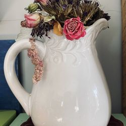 White Pitcher Vase With Dried Flowers Shabby Chick Country Farm House 