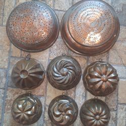 Antique, Copper, Very Heavy Colanders And Molds.