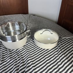 GREENPAN ceramic nonstick stockpot stainless steamer glass lid & sauté pan lid
