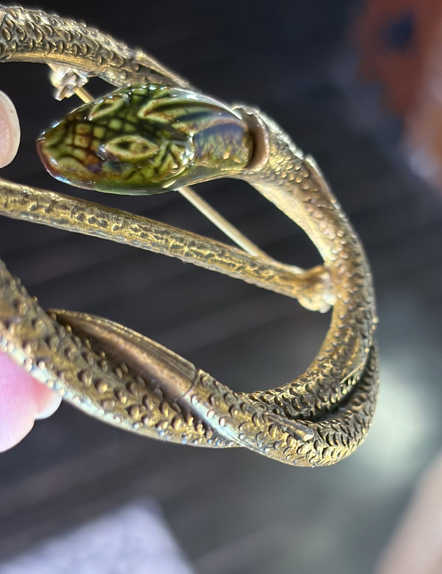 c.1900Art Nouveau Brass Snake Sash Buckle w/ Green enamel head, green eyes