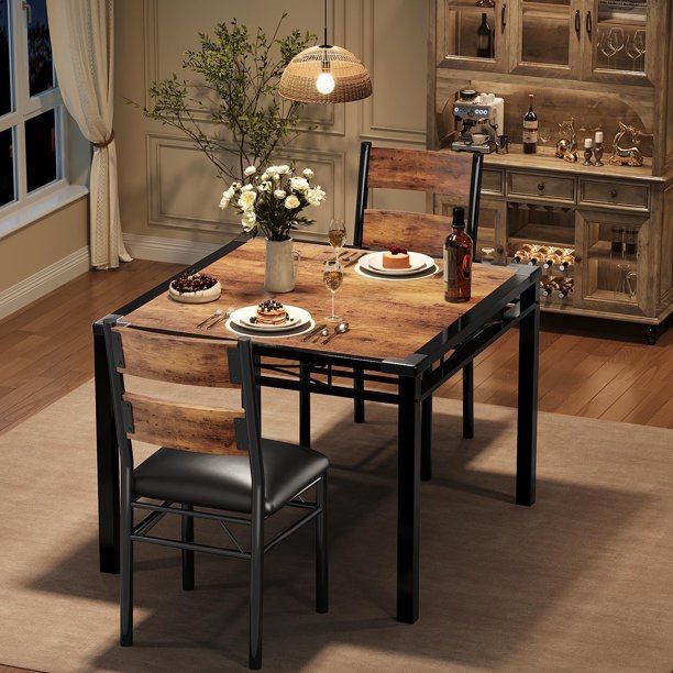 Kitchen Table with 2 Upholstered Chairs, Wood 3-Piece Kitchen Dining Room Set with Corner Protector for Small Space, Apartment