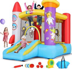 New in box AMM005160_B Whubefy Inflatable Bounce House for Kids 3-6 - 8.9ft X 6.9ft Indoor Bouncy House for Boys Girls with Slide & Pitching Net & Ast