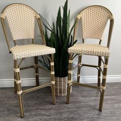 PURPLE LEAF French Bar Stool Set of 2 Bamboo Print Finish Patio Bar Stools with Back Rattan Bar Chairs Wicker Bar Height Stool 30" with Footrest Kitch