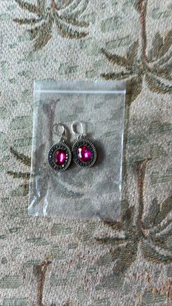 Red stone marcasite drop earrings