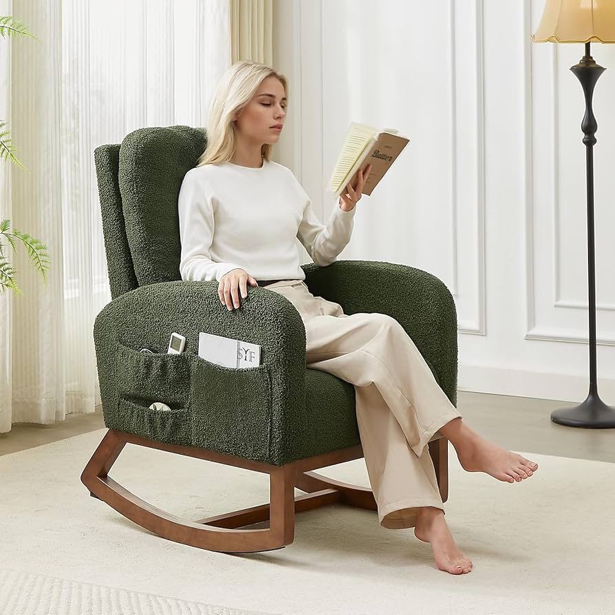 Rocking Chair Nursery, Rocking Chairs with Solid Wood Legs, Teddy Fabric, Glider Chair with Upholstered High Backrest, Nursery Chair for Living Room,