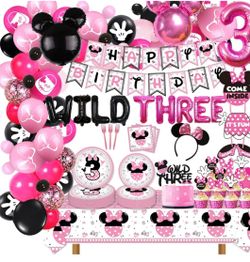 161PCS Minnie 3rd Birthday Party Decorations, Girls Wild Three Balloons Arch Garland Kit, Girls Third Bday TableCloth, Tableware for Minnie 3 Years Ol