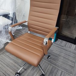 Office Desk Chair Modern, Conference Room Chairs with Wheels, Executive Leather High Back Ergonomic Swivel Rolling Ribbed Computer Chair (Brown). 3 av