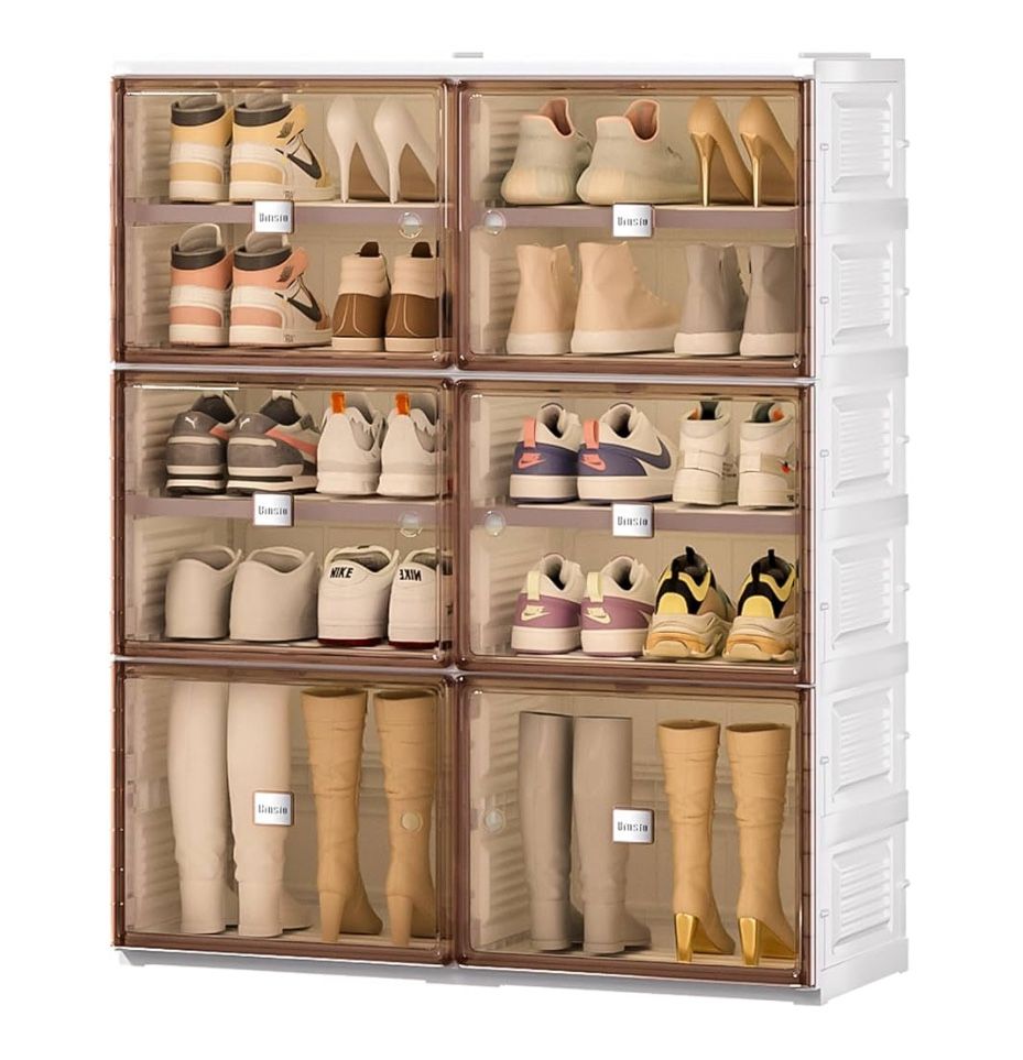 0802 BINSIO Foldable Shoe Rack Organizer, Collapsible Shelf Sneaker Storage for Closet Entryway, Stackable Boot & Shoe Boxes, Portable Shoe Cabinet wi