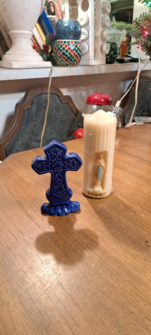 2 PC Lot Vintage Our Lady Of Lourdes Pillar Candle W/Her Statue Made In France & 1980's Blue Ceramic Cross