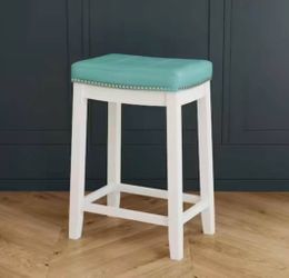 Concord 26.5 in. White and Teal Blue Backless Wood Counter Stool with Faux Leather Seat