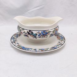 Old Ivory Syracuse China Tapestry Sauce Boat with Lid Floral Blue Bird
