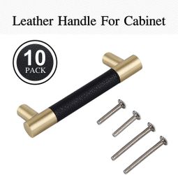 NEW Bar Cabinet Handle Knob Pull Brushed Satin Gold/Brass Finish with Upholstered Black Leather 4.6" (3.78" Hole Center) for Kitchen Cabinet Hardware