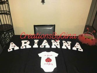 lady bug letters, onesie and basket