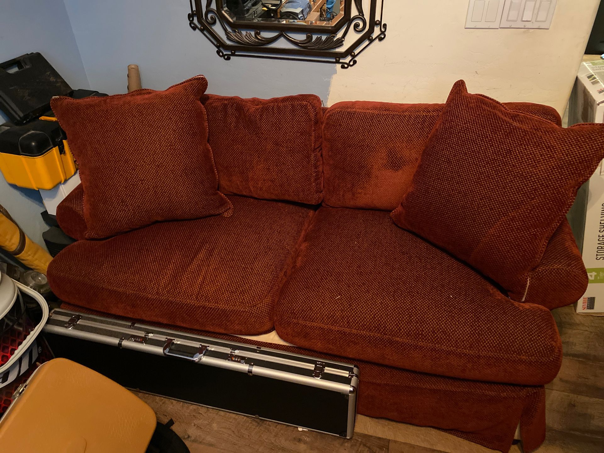 Red Bernhardt love seat couch with slip cover