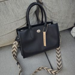 Brand New Rae Dunn  With Tag Tote Purse Black Vegan Leather with Removeable Chevron Strap
