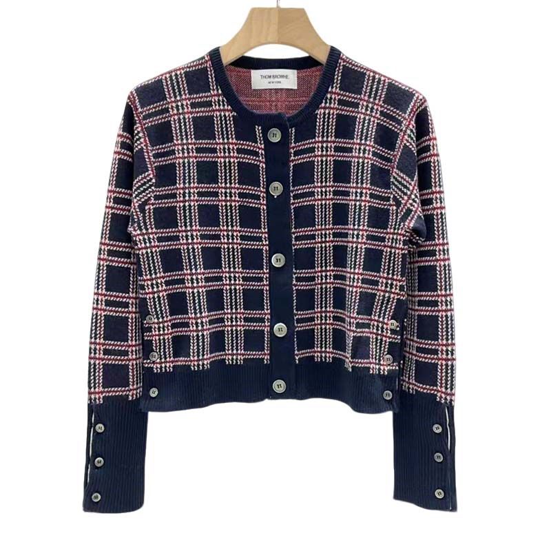 Thom Browne Red Navy Plaid Crew Neck Knitted Cardigan