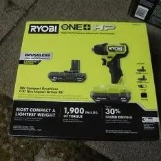 FREE BONUS BATTERY! NEW RYOBI PSBID02K2 ONE+ HP 18V Brushless Cordless Compact 1/4 INCH Hex Impact Driver Kit