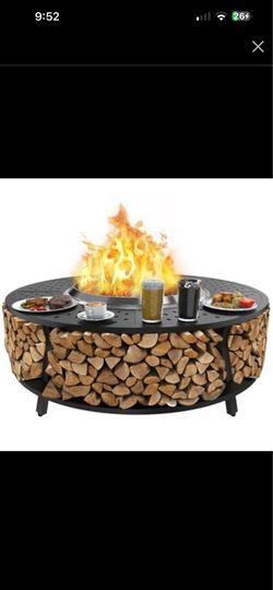 48" Fire Pit Surround Tabletop for Solo Stove Yukon, Bonfire & Tiki, Portable Protective Barrier Equal Width Design with Firewood Storage Shelf for Sa