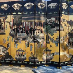 Vintage Chinese Room Divider Black & Gold Polychrome Coromandel Paravan Partition 8ft x 12ft